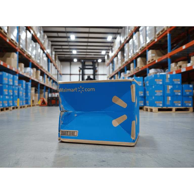 A dented and badly bent blue cardboard box featuring the white Walmart logo sits in the center of a spacious Walmart warehouse aisle.