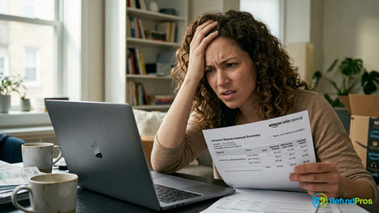 A woman with curly brown hair looking stressed, holding her head and holding up a paper in front of a laptop at her desk concerned about Amazon Reimbursement Values.