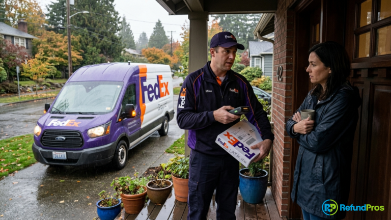 A FedEx driver on a residential porch, holding a late delivery package marked 'LATE', apologizes to a homeowner, while his delivery van is parked in the rainy background.