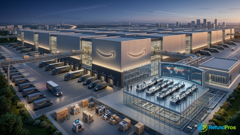 An isometric aerial photograph of a large, modern Amazon global fulfillment center at dusk, featuring a futuristic control room, fleets of vans and trucks, automated conveyor systems, and pallets of goods.