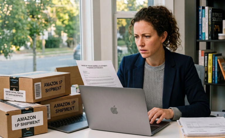 A focused female business professional in a dark blazer looks at a printed document at her desk. To her left is a computer monitor displaying graphs and tables, alongside stacked cardboard boxes labeled "VENDOR CENTRAL SHIPMENT." In the foreground, she is typing on a black computer keyboard, with a stack of paperwork nearby. The image represents the process of tracking Vendor Central Reimbursements and managing inventory shortages.