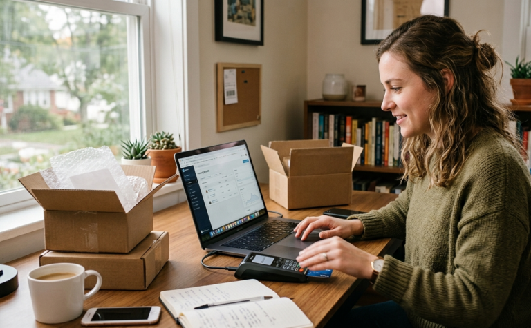 A person sitting at a wooden desk with a laptop, card reader, coffee cup, and open cardboard shipping boxes, interested in Ecommerce Refund Management Services.