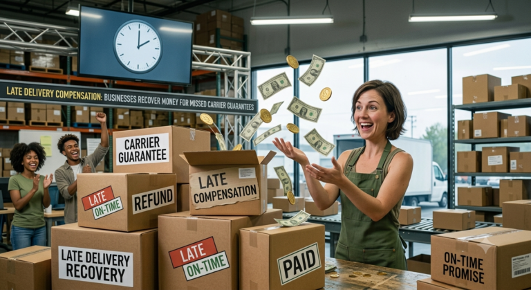 A professional warehouse setting where a woman wearing a green apron smiles warmly as stylized gold coins and paper bills float gracefully from an open cardboard box labeled "Late Delivery Compensation." In the background, two colleagues cheer near a conveyer belt, with neatly organized boxes labeled "Carrier Guarantee," "Refund," and "Paid" under a large wall clock.