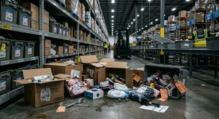 An aisle in a large, brightly lit warehouse filled with high metal shelving racks, overhead conveyors, and a forklift in the background. In the foreground, open cardboard boxes, a grey plastic bin, and loose items—including shampoo bottles, a boxed doll, laundry detergent, and kitchen utensils—are scattered on the concrete floor alongside bright orange "LOST" and "DAMAGED" inventory tags that could receive FBA Inventory Reimbursements